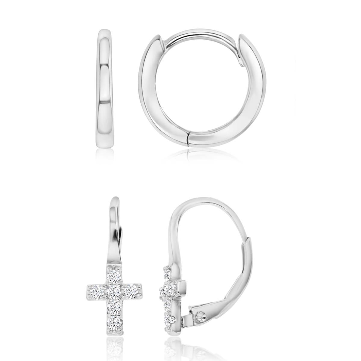 Sterling Silver Rhodium 11MM & 15X6MM Polished White CZ Cross/Hoop Earrings Set
