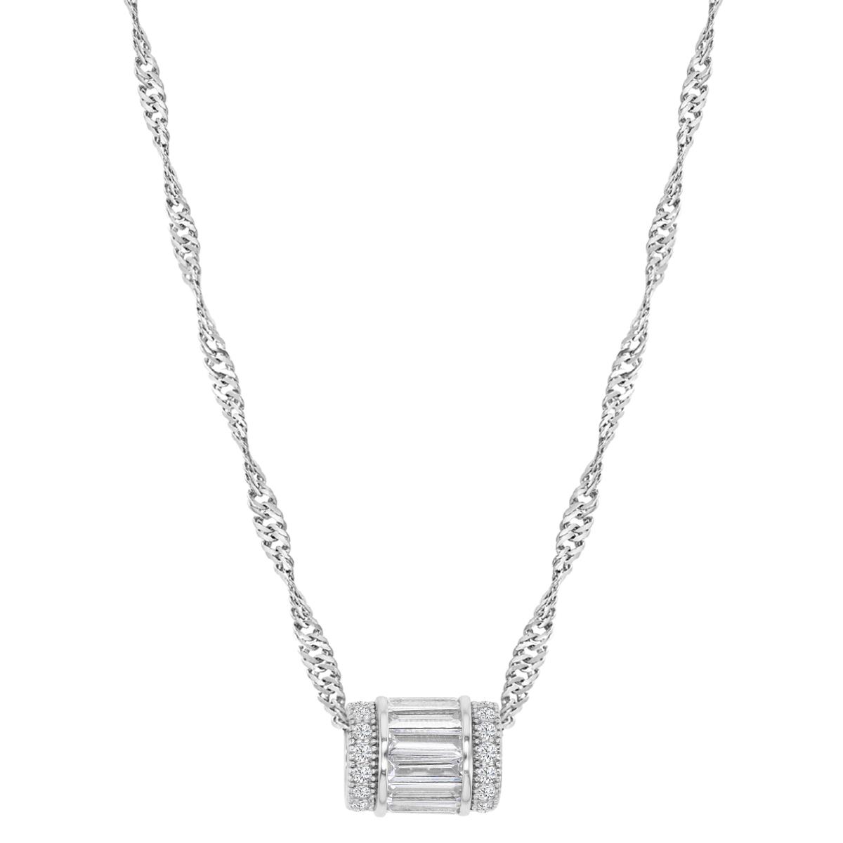 Sterling Silver Rhodium 12X9MM Polished White CZ Baguette 18+2"  Singapore Necklace