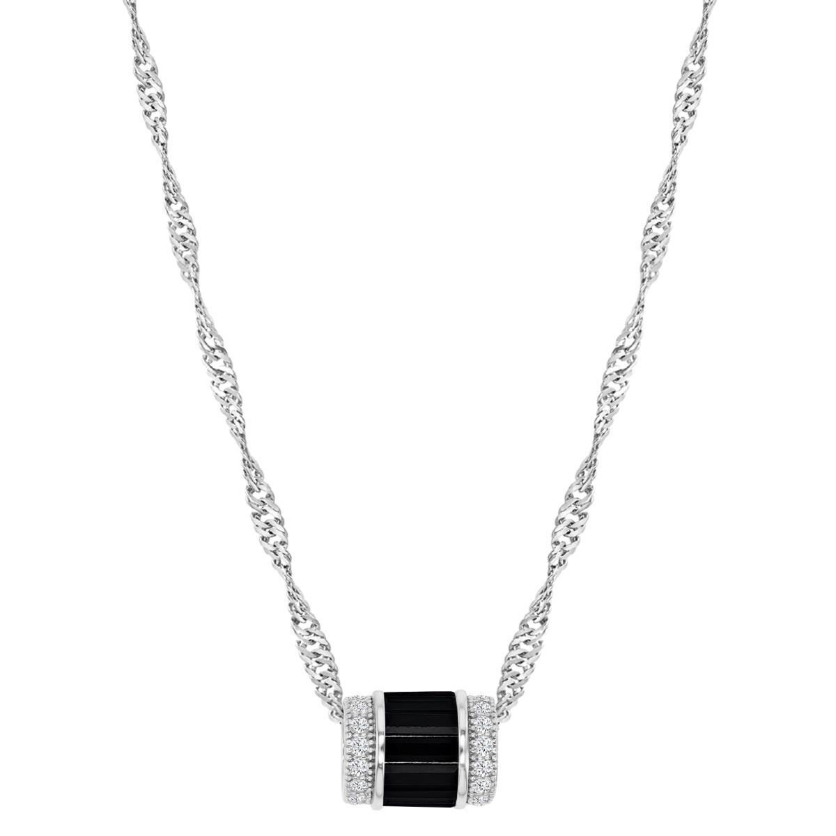 Sterling Silver Rhodium 12X9MM Polished Black Spinel & Cr White Sapphire Baguette 18+2" Singapore Necklace