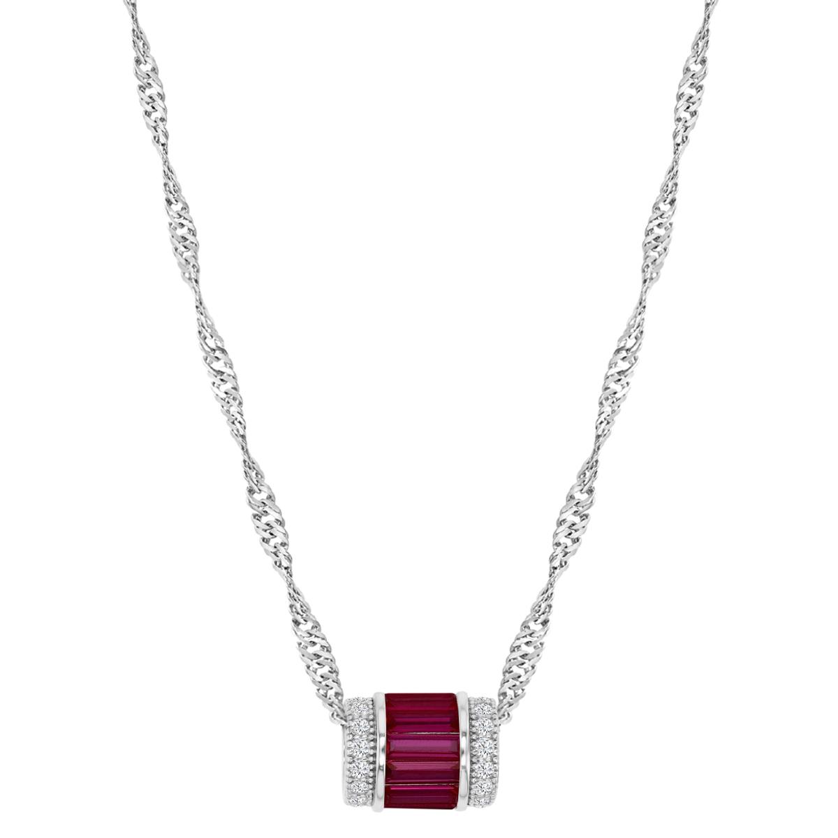 Sterling Silver Rhodium 12X9MM Polished Cr Ruby & Cr White Sapphire Baguette 18+2" Singapore Necklace