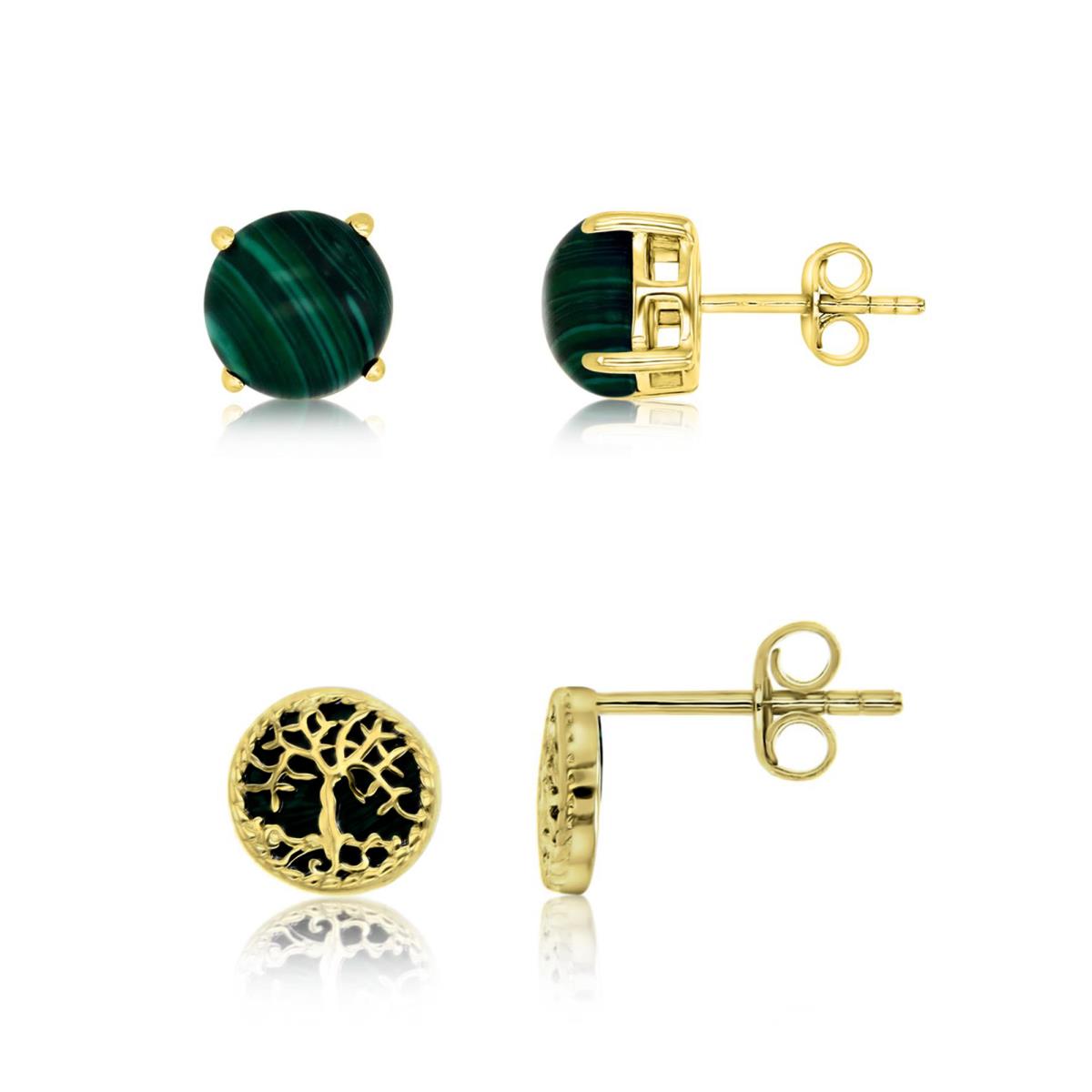 Sterling Silver Yellow 7MM & 6MM Polished Malachite Tree Of Life Stud Earrings Set