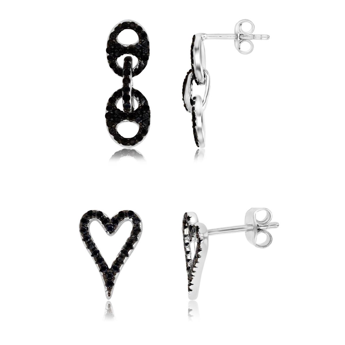 Sterling Silver Black & White 20X6MM & 12X8MM Polished Black Spinel Heart/Dangling Stud Earrings Set