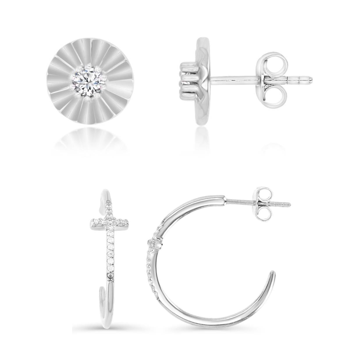 Sterling Silver Rhodium 20X5MM Polished White CZ Cross Hoop/Sunflower Stud Earrings Set