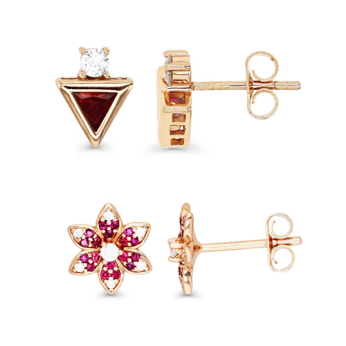 Sterling Silver Rose 9MM & 10X8MM Polished Ruby & White CZ Flower/Triangle Stud Earrings Set