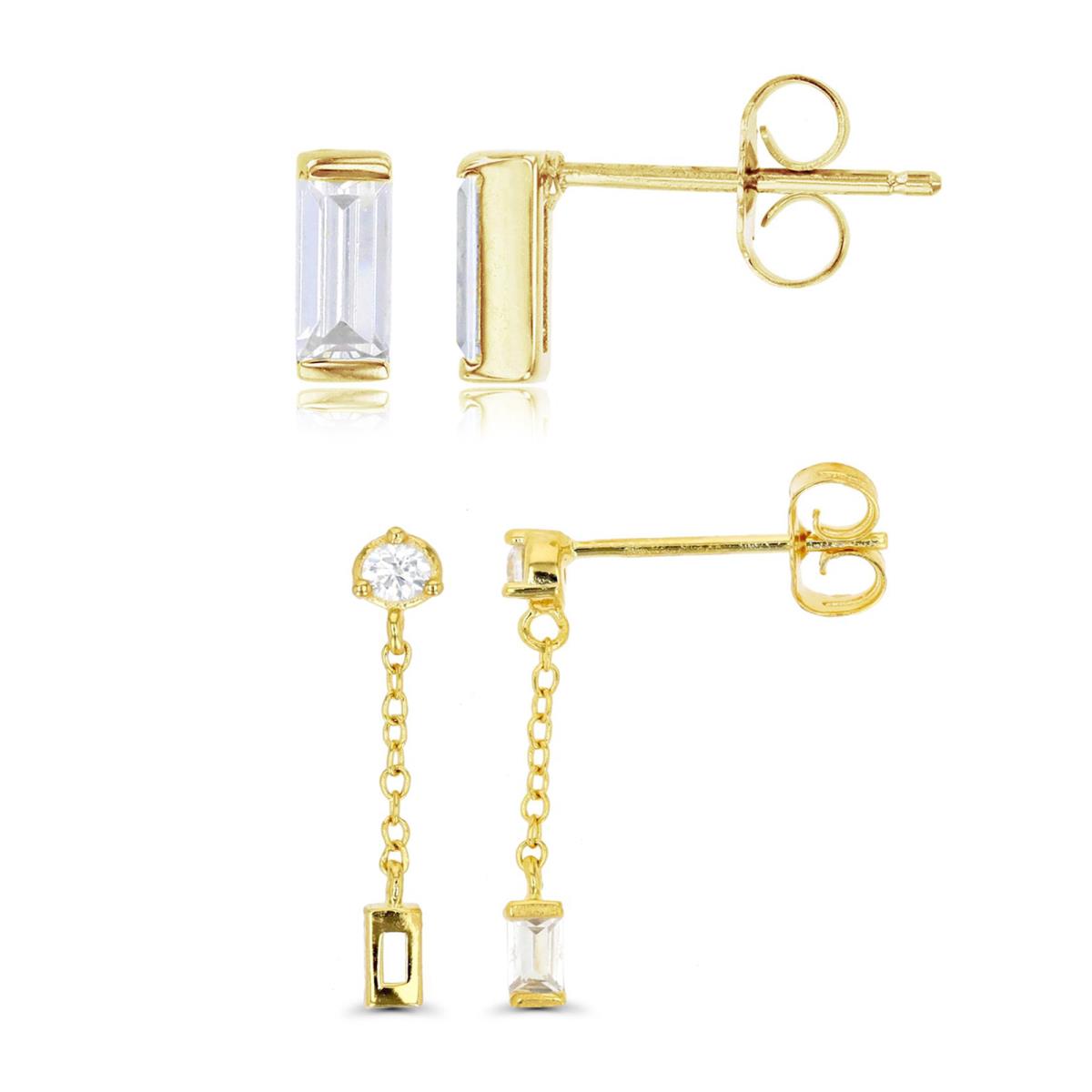 Sterling Silver Yellow 7X3MM & 21.5X3.5MM Polished White CZ St Baguette Dangling/Stud Earrings Set