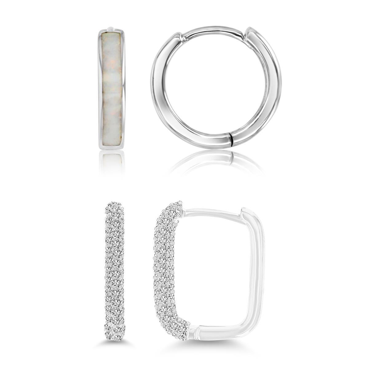 Sterling Silver Rhodium 15X2.30MM &14X3MM Polished Cr Opal & White CZ Hoop Earrings Set