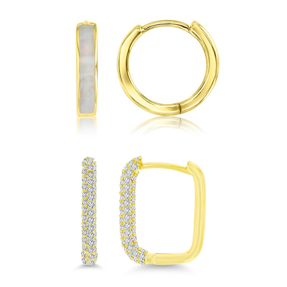 Sterling Silver Yellow 15X2.30MM &14X3MM Polished Cr Opal & White CZ Hoop Earrings Set