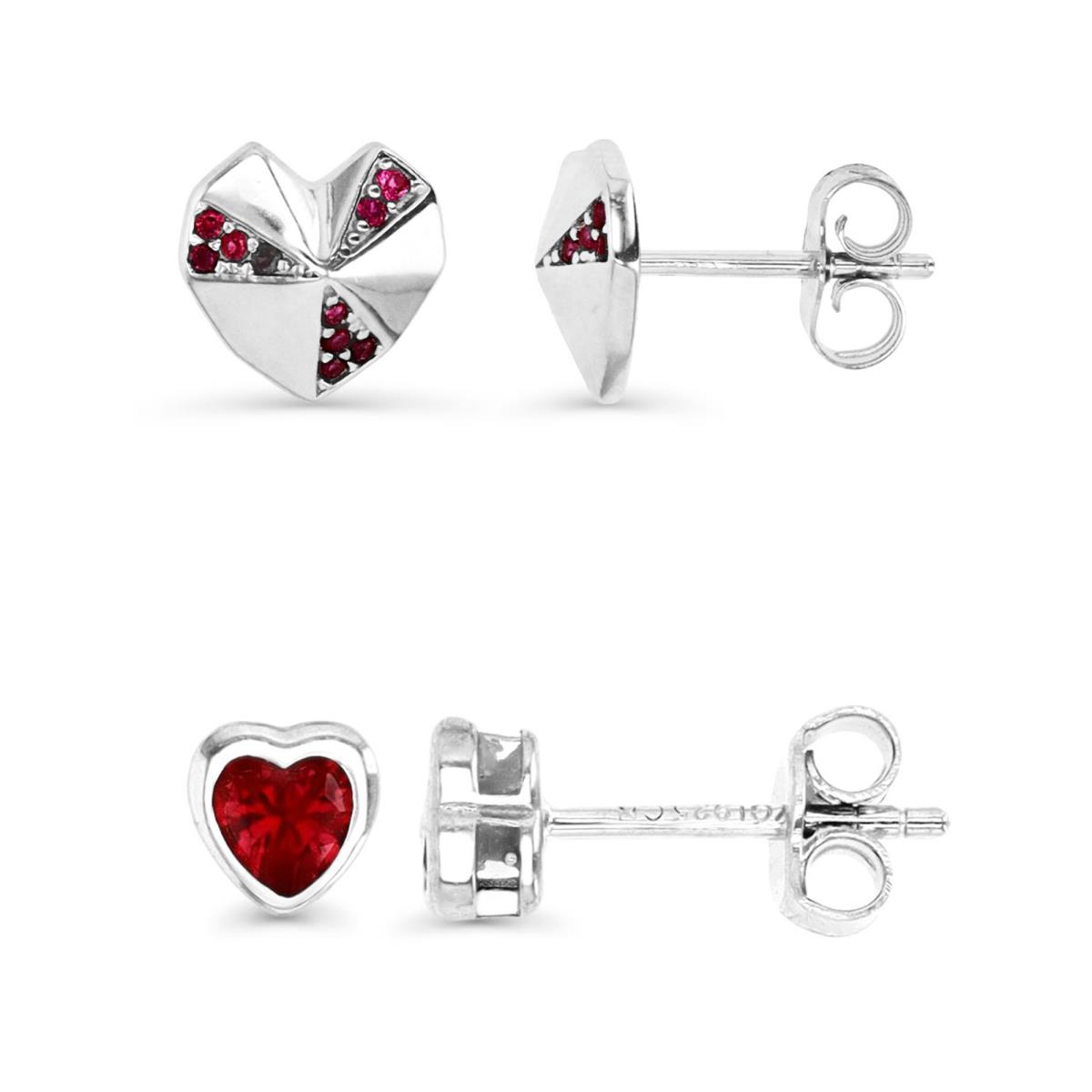Sterling Silver Rhodium 8.5MM & 5MM Polished Cr Ruby Heart Stud Earrings Set