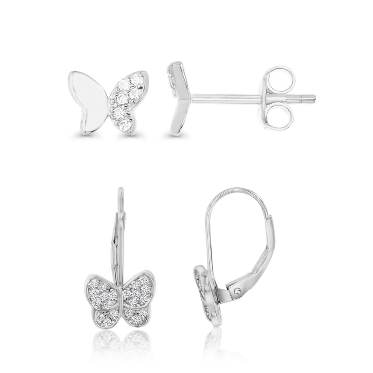 Sterling Silver Rhodium 6X5MM &18X9MM Polished White CZ Butterfly Stud/Lever Back Earrings Set