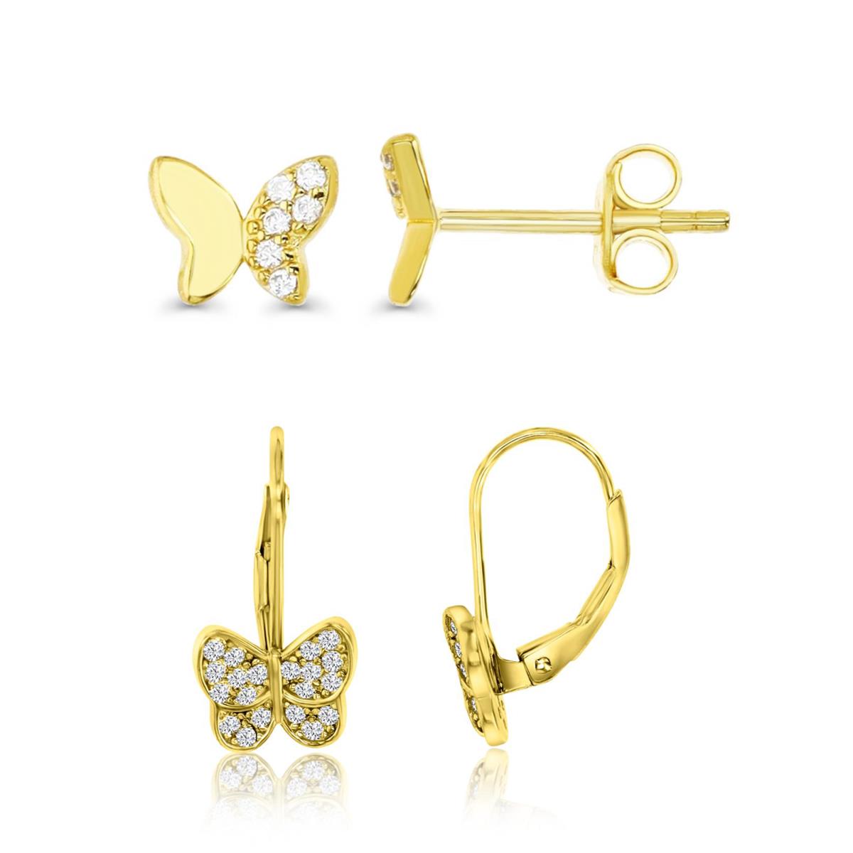 Sterling Silver Yellow 6X5MM &18X9MM Polished White CZ Butterfly Stud/Lever Back Earrings Set