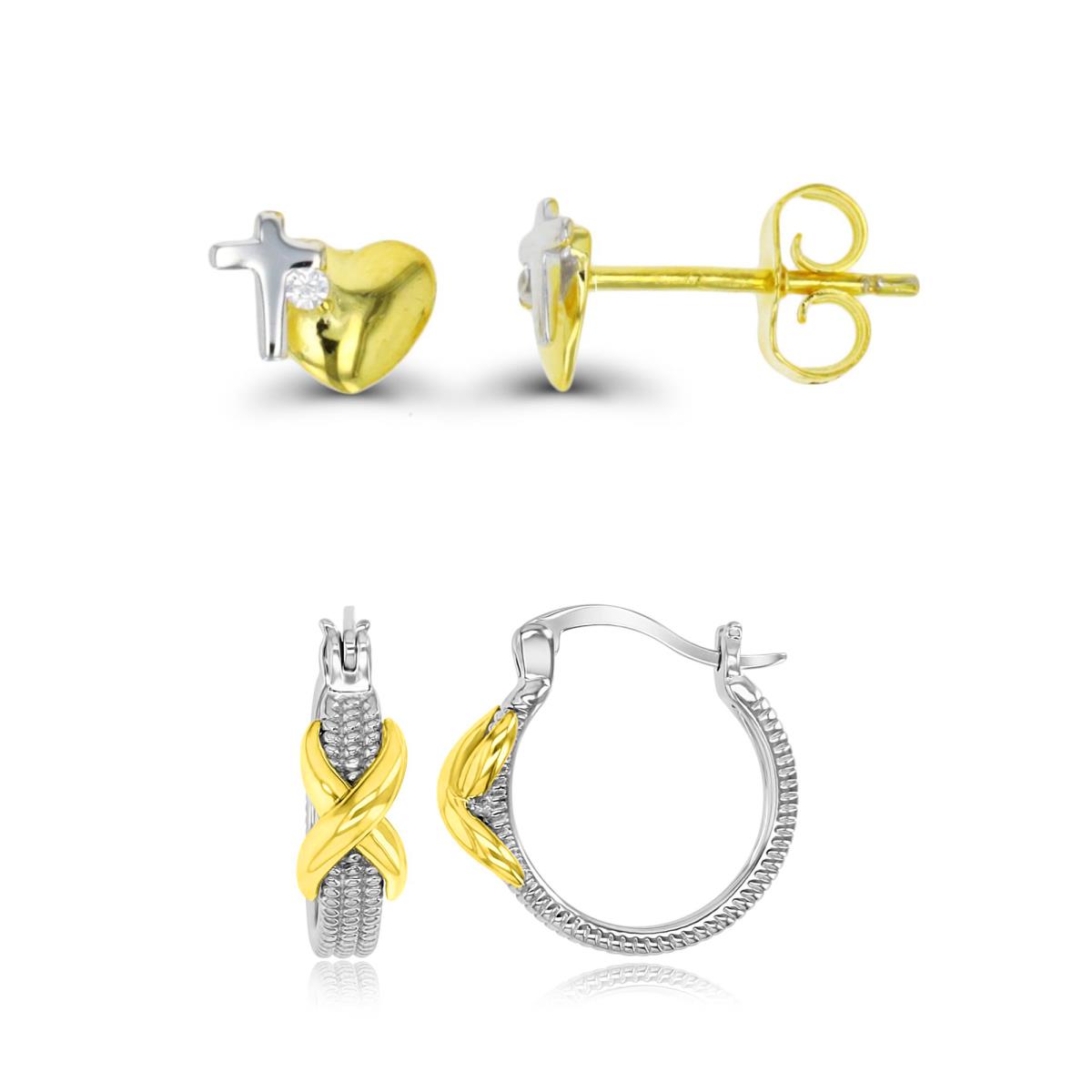 Sterling Silver Yellow & White 16.5X3MM & 8X5MM Polished White CZ HT Cross Stud/Infinity Hoop Earrings Set