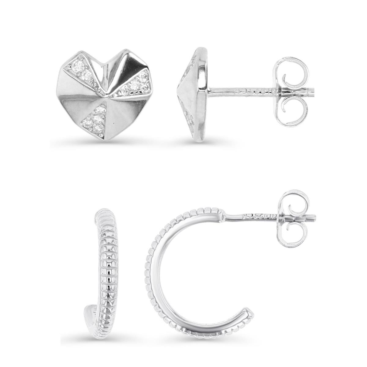Sterling Silver Rhodium 8.5MM & 15X2MM Polished White CZ Heart Stud/J Bar Huggie Earrings Set