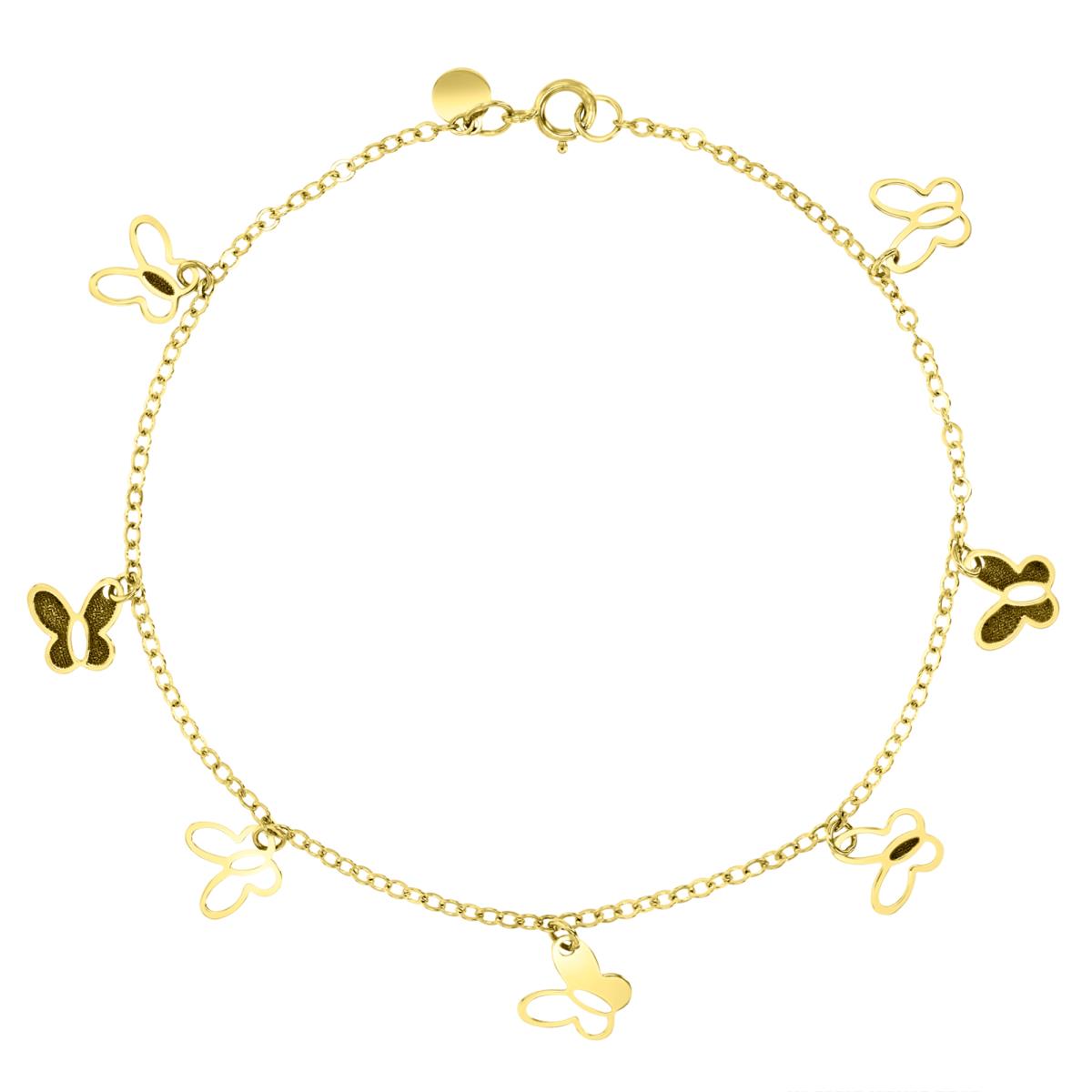 14K Yellow 7MM Polished & Glitter Dangling Butterfly 10" Anklet