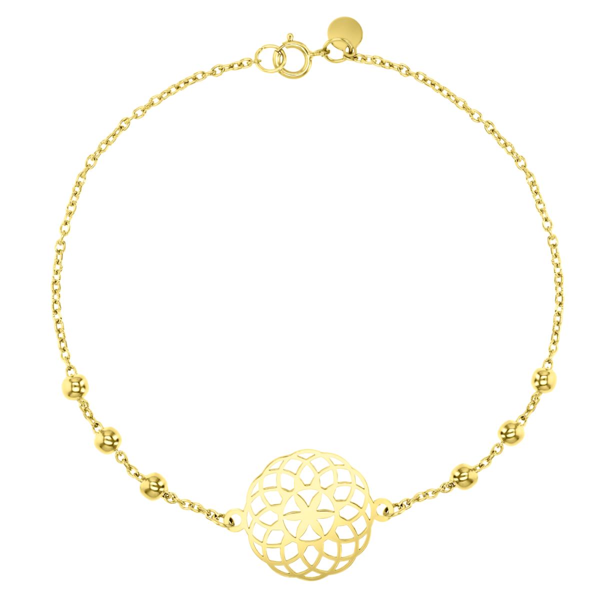 14K Yellow 14X3MM Polished Flower Of Life & Bead Link 10" Anklet
