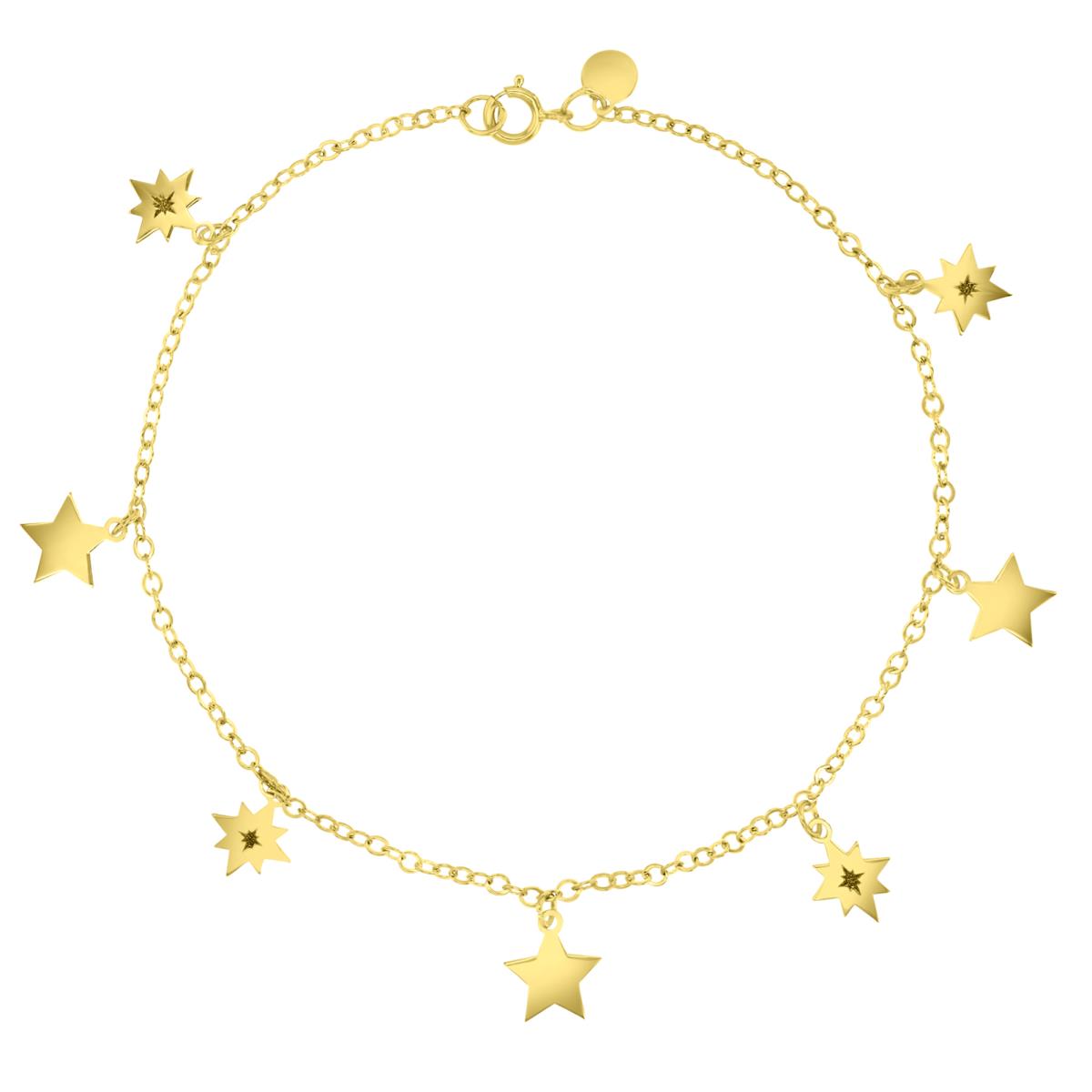 14K Yellow 8MM Polished & Glitter Dangling Stars 7" Bracelet