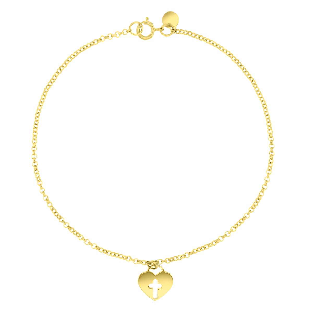 14K Yellow 9X8MM Polished Dangling Heart/Open Cross 7" Bracelet