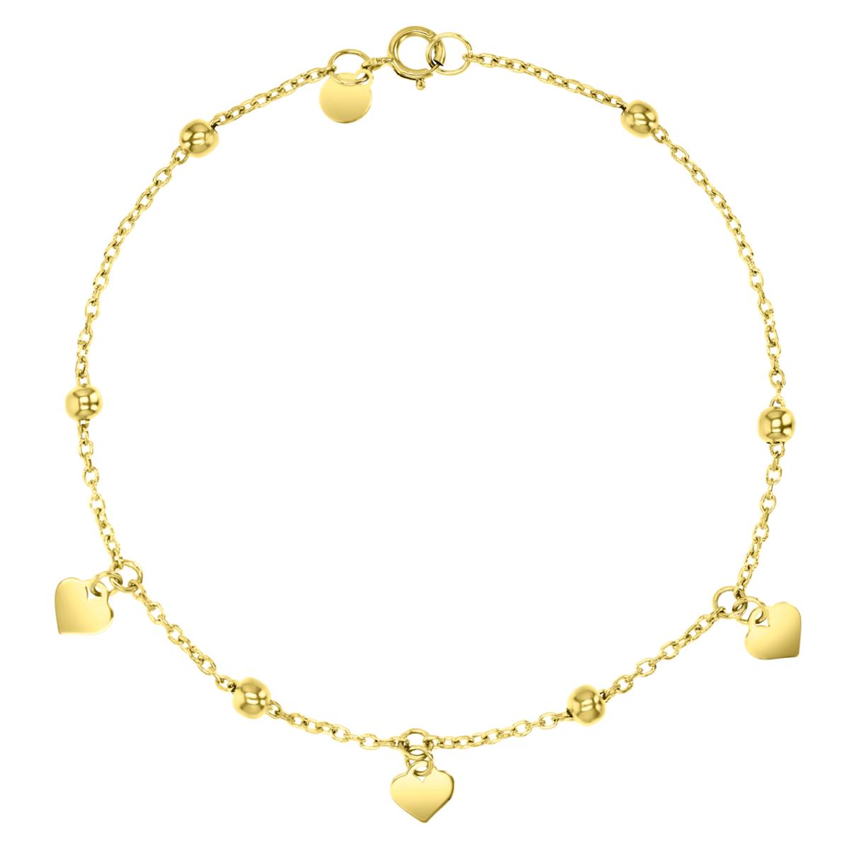 14K Yellow 7X3MM Polished Dangling Hearts & Bead Link 10" Anklet