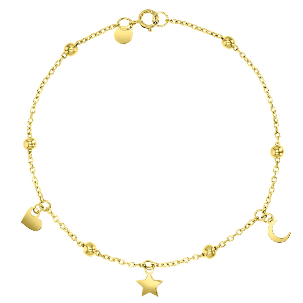 14K Yellow 8X3MM Polished Dangling Moon/Star/Heart & Bead Link 10" Anklet