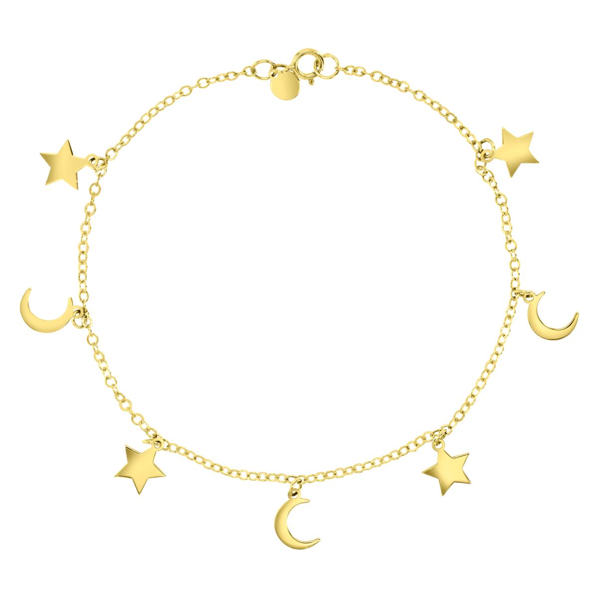 14K Yellow 9MM Polished Dangling Moon & Star Link 7" Bracelet