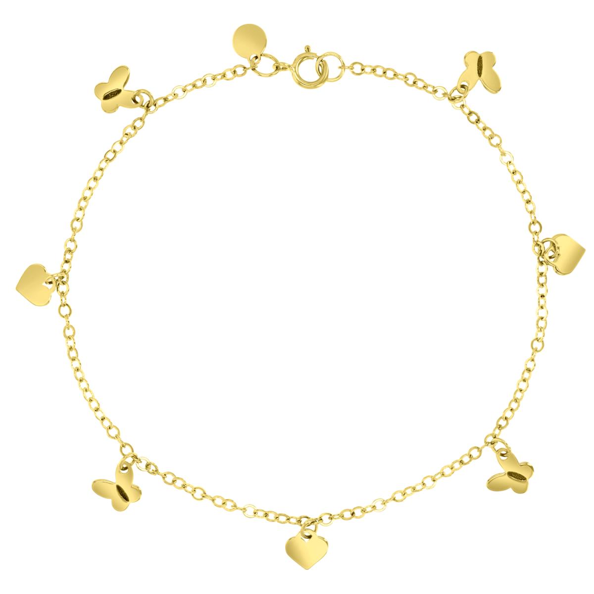 14K Yellow 9MM Polished & Matte Dangling Heart & Butterfly 10" Anklet