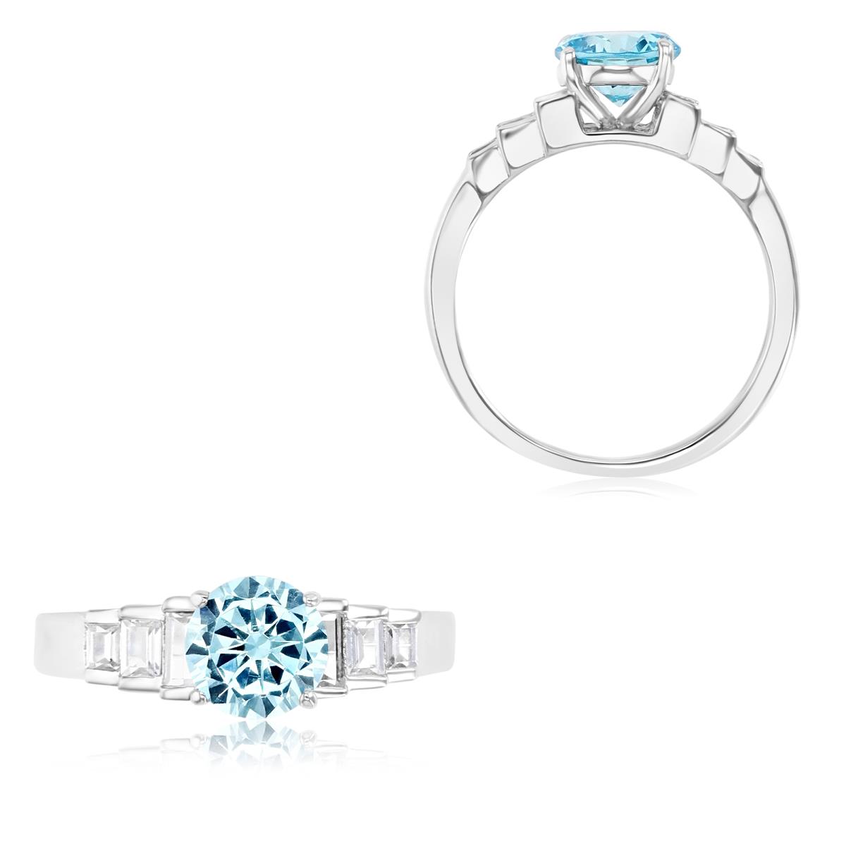 Sterling Silver Rhodium 7.00mm Round Cut Light Blue & White CZ with Graduated Baguette Engagement Ring