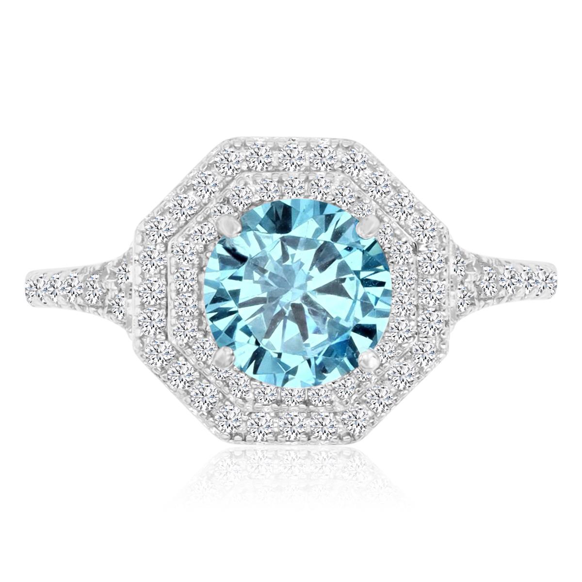 Sterling Silver Rhodium 7.90mm Light Blue & White CZ Round Cut Octagon Dbl Halo Engagement Ring