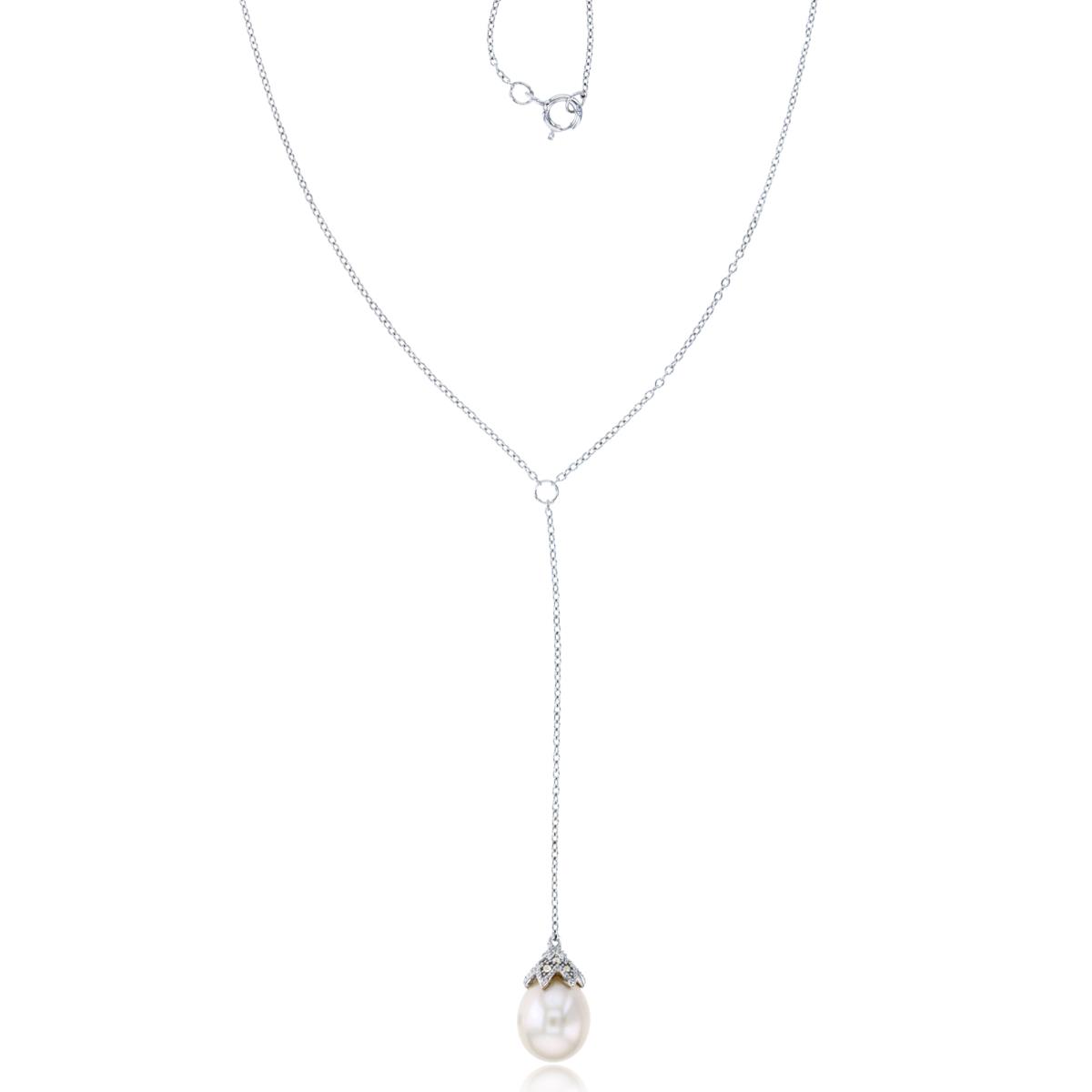 14K White Gold Rhodium 10x8mm TD Pearl & 0.005 CTTW Diamonds Dangling 16"+2ext"Necklace