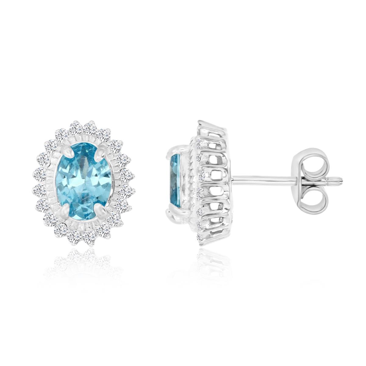 Sterling Silver Oval 7x5mm Pave Light Blue & White CZ Halo Stud Earrings