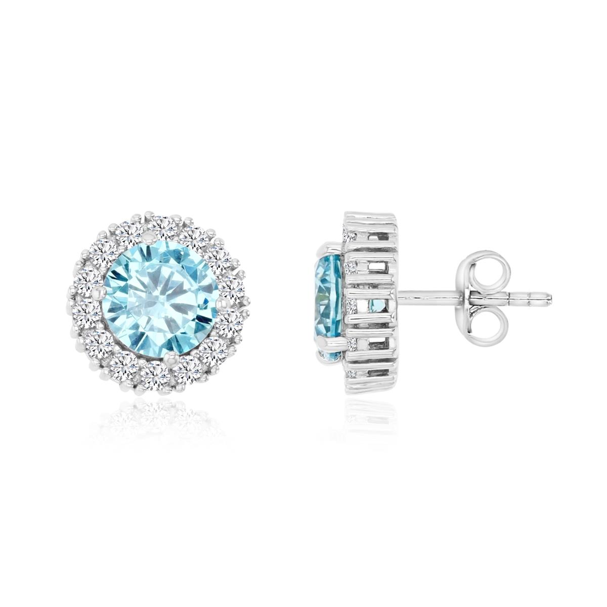 Sterling Silver 8mm Round Pave Light Blue & White CZ Stud Earring