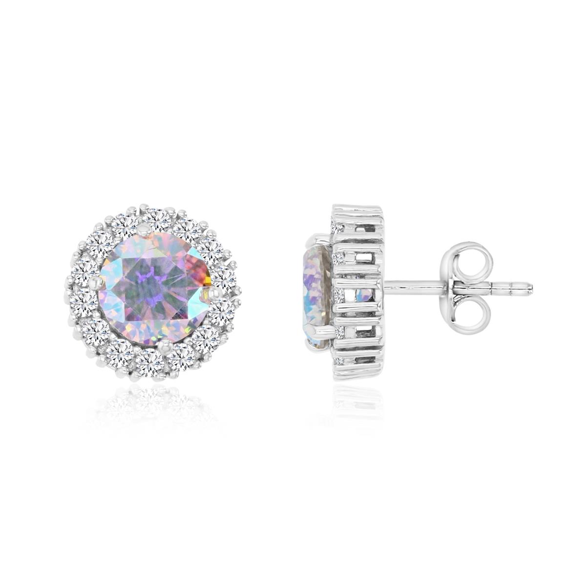 Sterling Silver 8mm Round Pave AB & White CZ Stud Earring