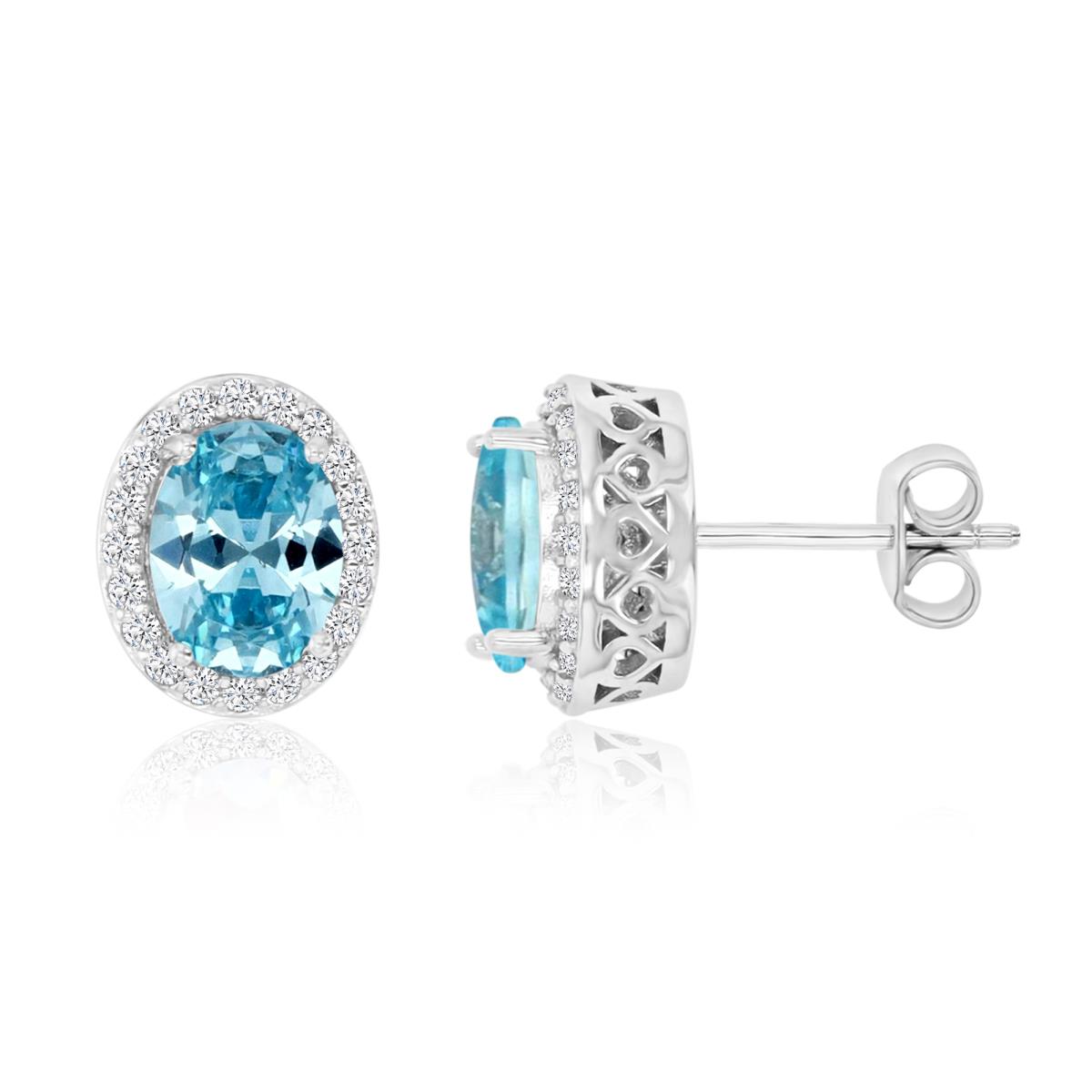 Sterling Silver 8x6mm Oval Pave Light Blue & White CZ Stud Earring