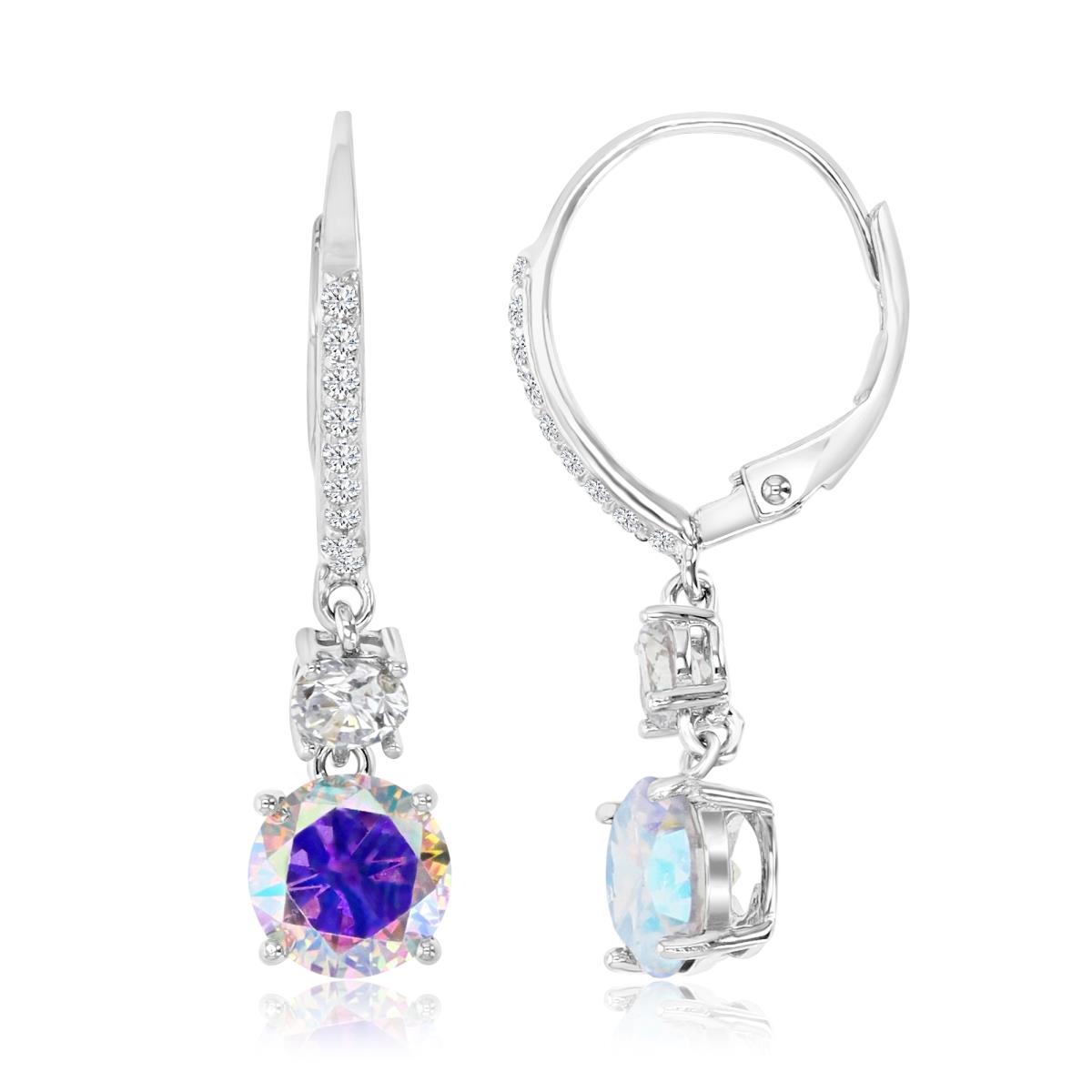 Sterling Silver Rhodium 4mm & 7mm Rd AB & White CZ Dangling Leverback Earring