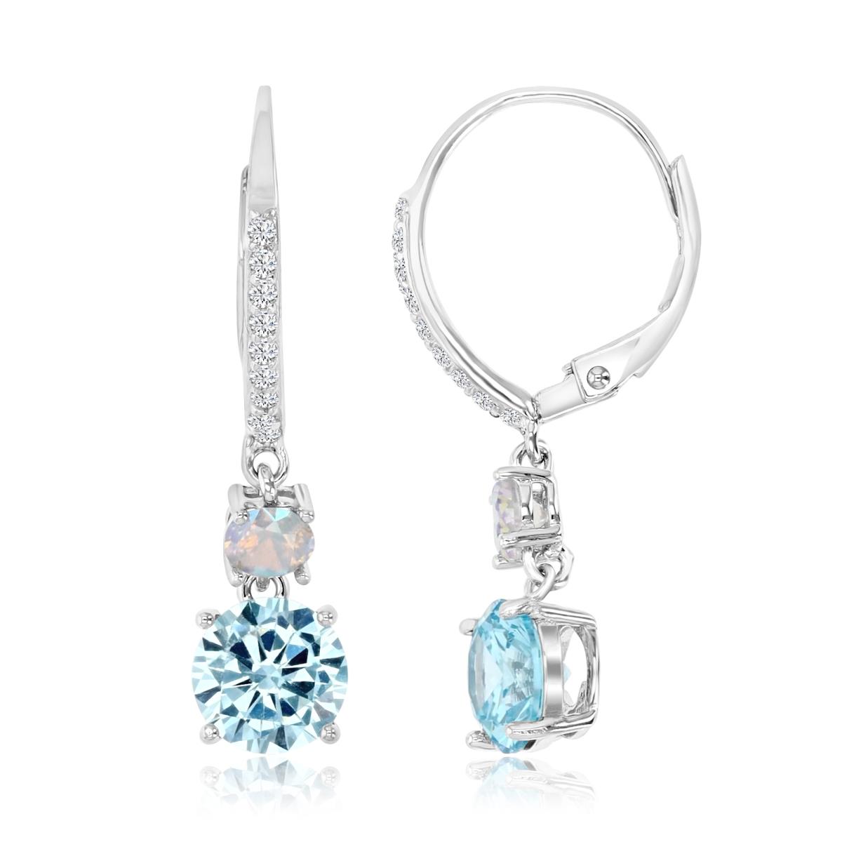 Sterling Silver Rhodium 4mm & 7mm Rd AB / Light Blue  & White CZ Dangling Leverback Earring