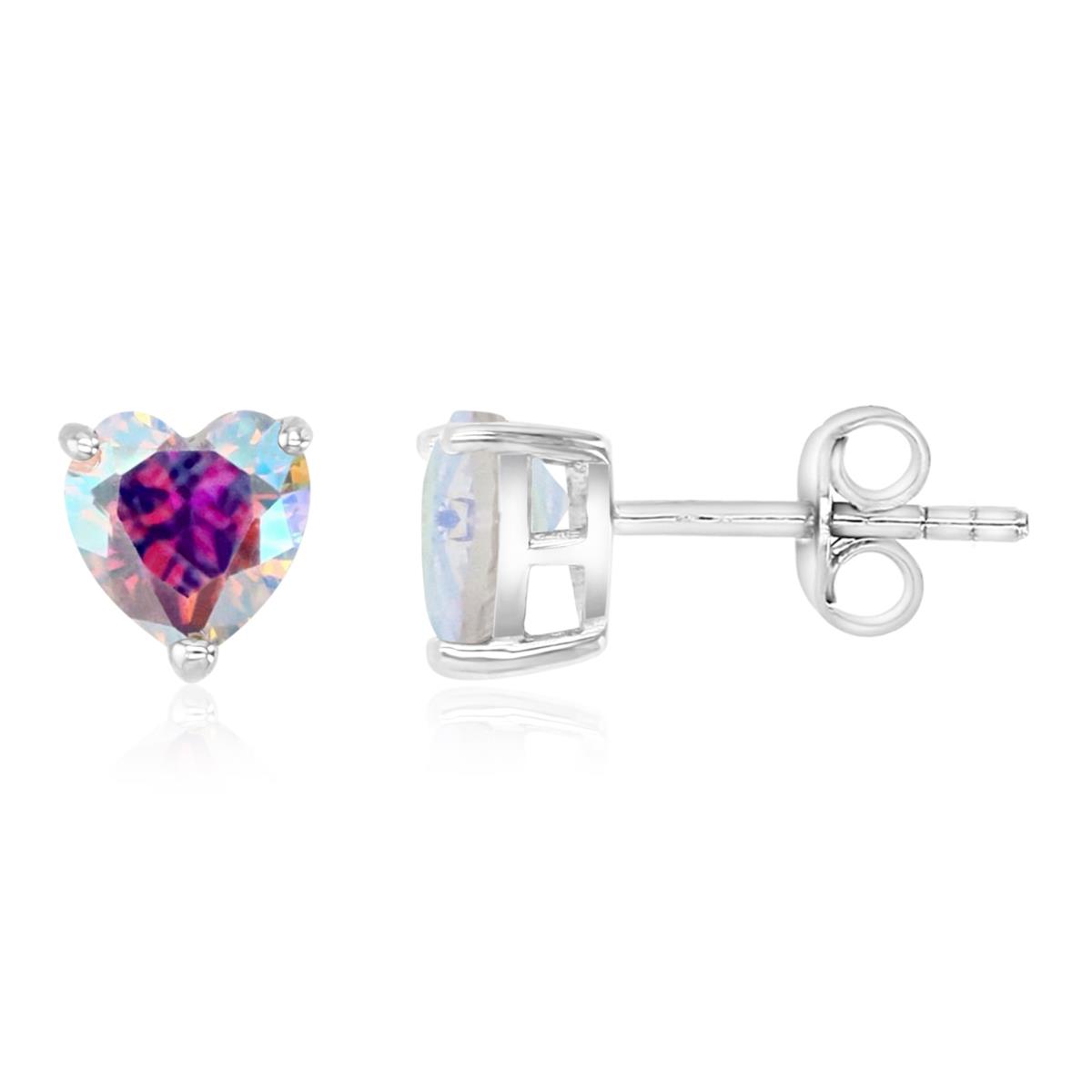 Sterling Silver Rhodium 6x6mm AB CZ Heart Solitaire Stud