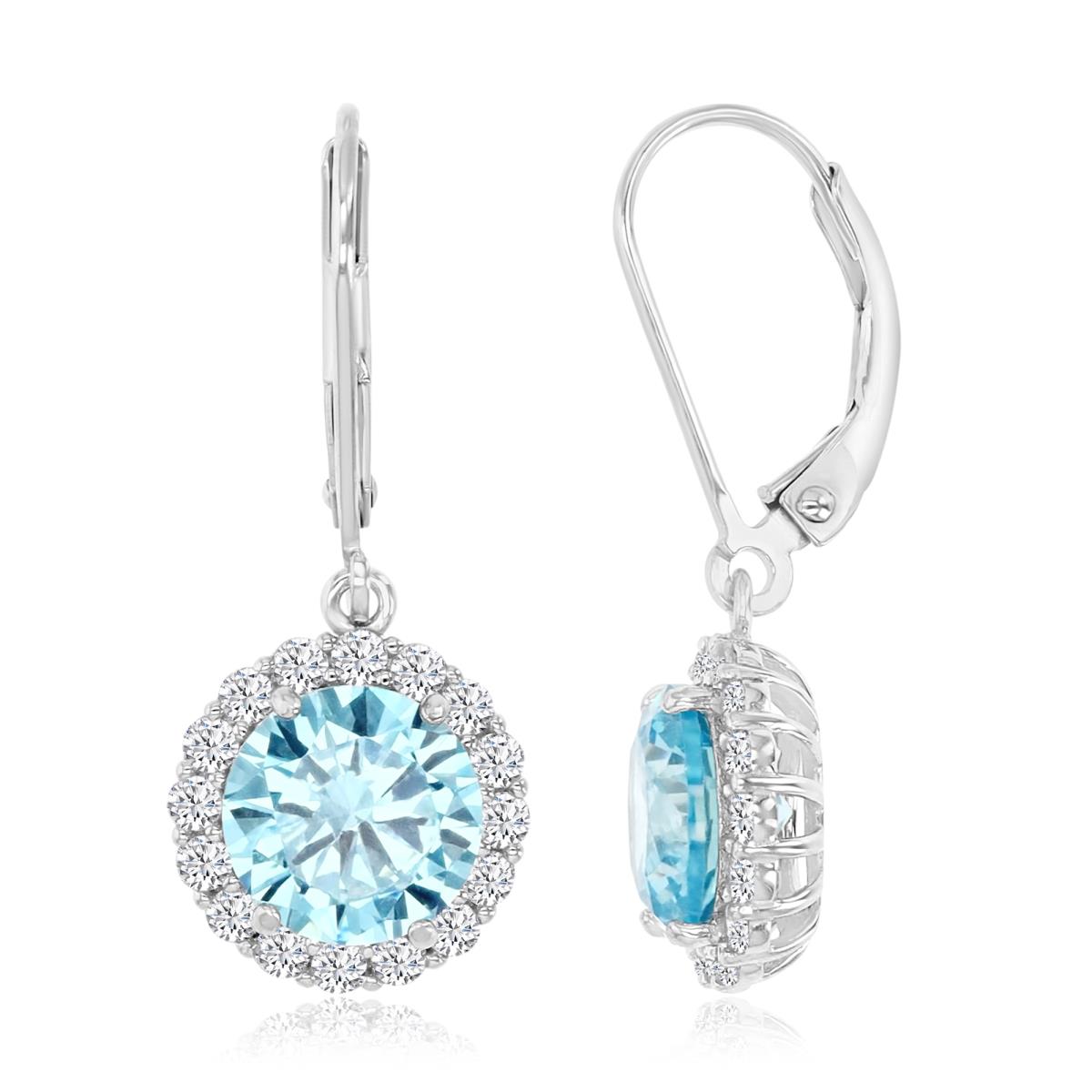 Sterling Silver Rhodium Pave Halo Light Blue & White CZ Earring 8mm with Lever Backs