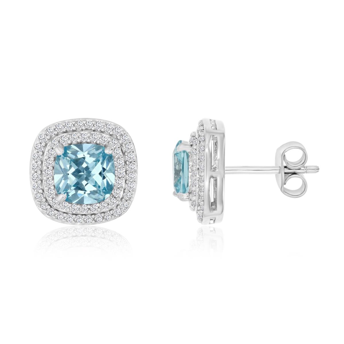 Sterling Silver 7mm Cushion Light Blue & White CZ Pave Stud Earring