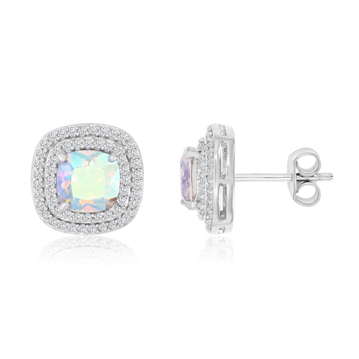 Sterling Silver 7mm Cushion AB & White CZ Pave Stud Earring
