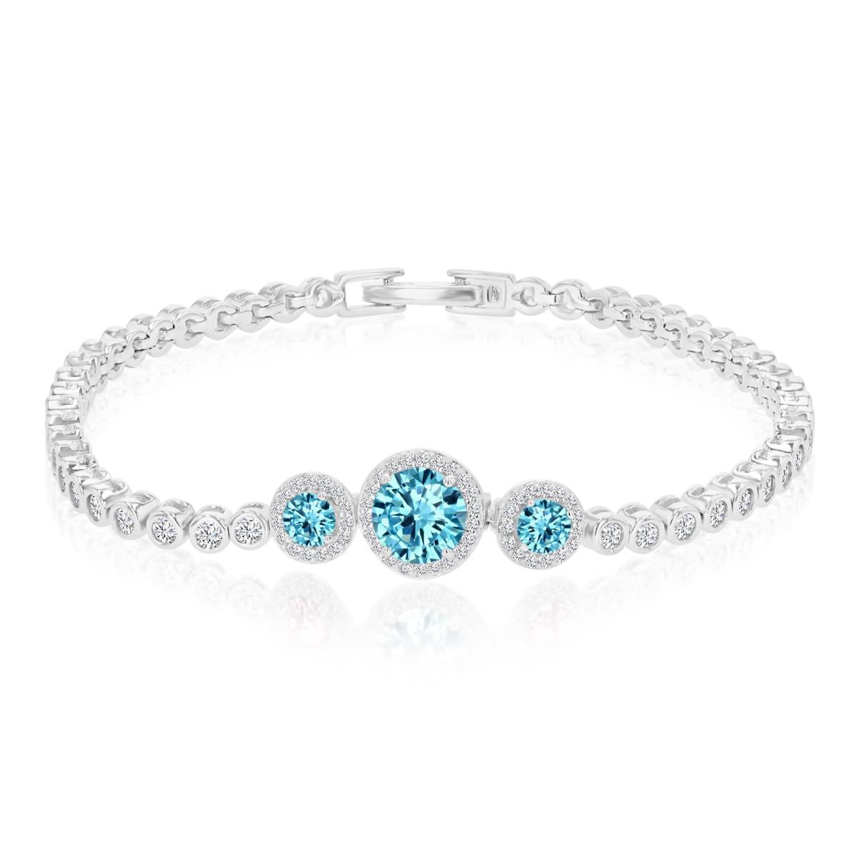 Sterling Silver Rhodium Light Blue & White CZ Three Round Halo and Bezel 7" Bracelet