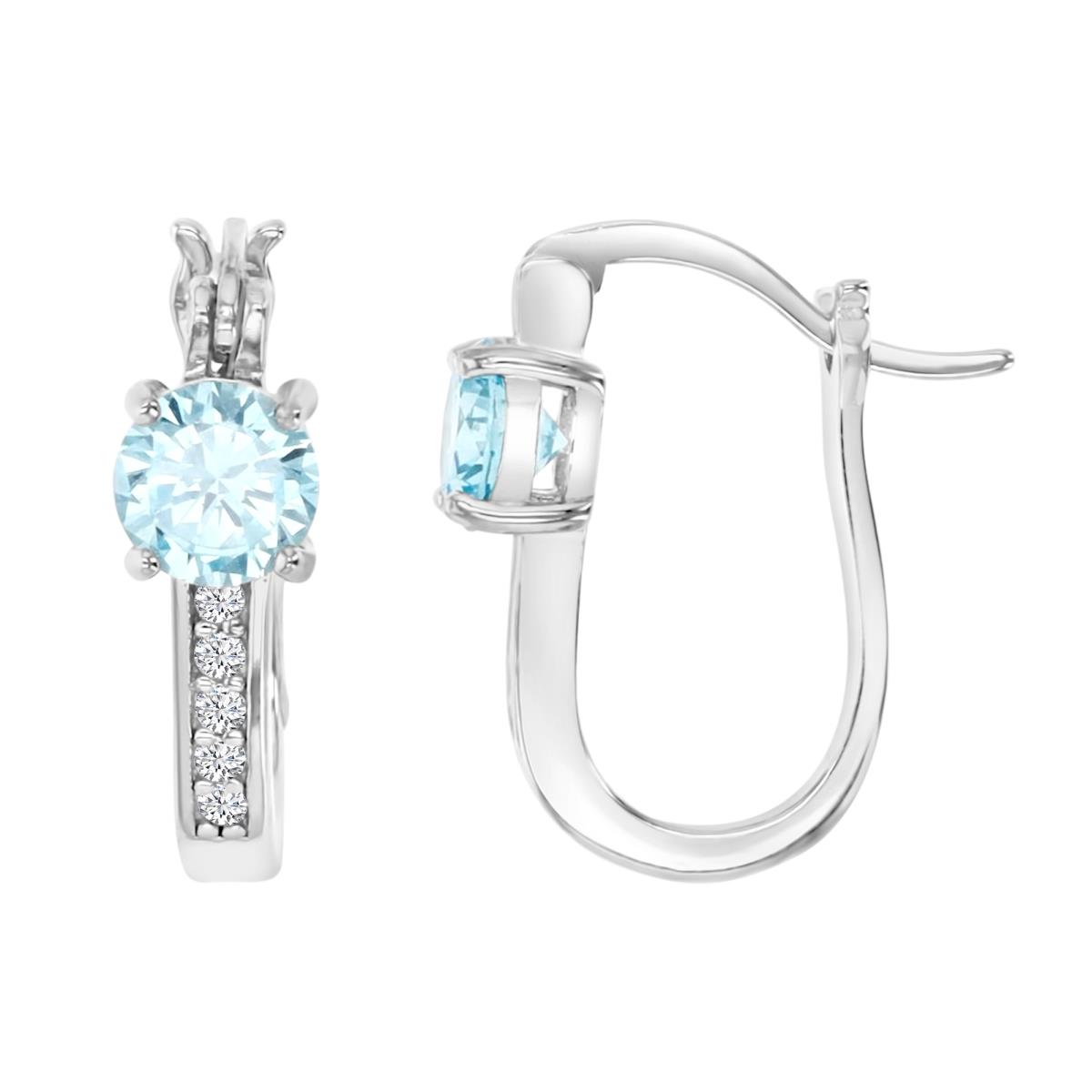 Sterling Silver Rhodium 5mm Polished Light Blue & White CZ Rd Cut & Pave 14x5mm Latchback Huggie Earring