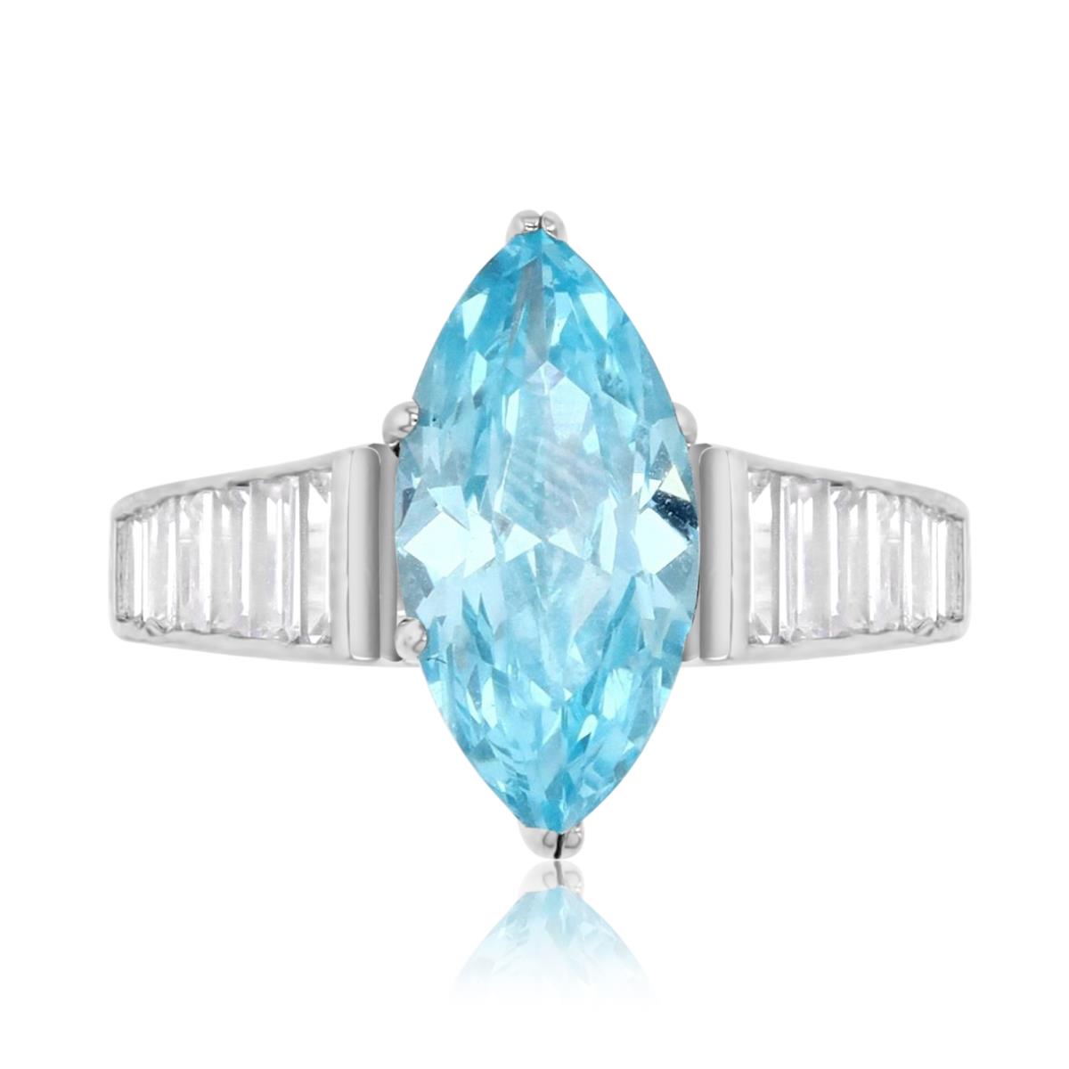 Sterling Silver Rhodium 14x7mm Light Blue & White CZ Marquise Cut with Baguette Side Stones Engagement Ring