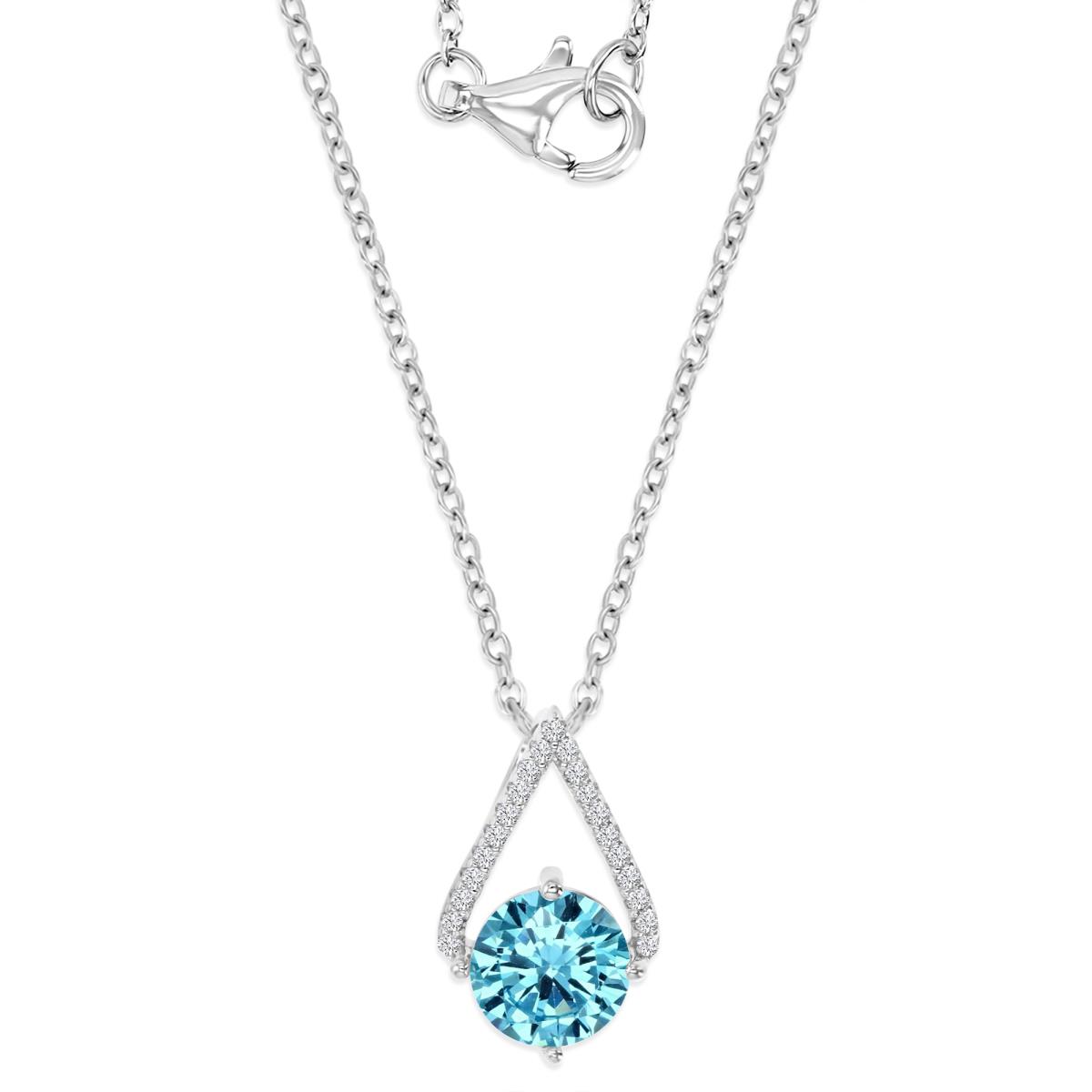 Sterling Silver Rhodium 8mm Light Blue Rd Cut & Micropave White CZ Open Triangle Necklace