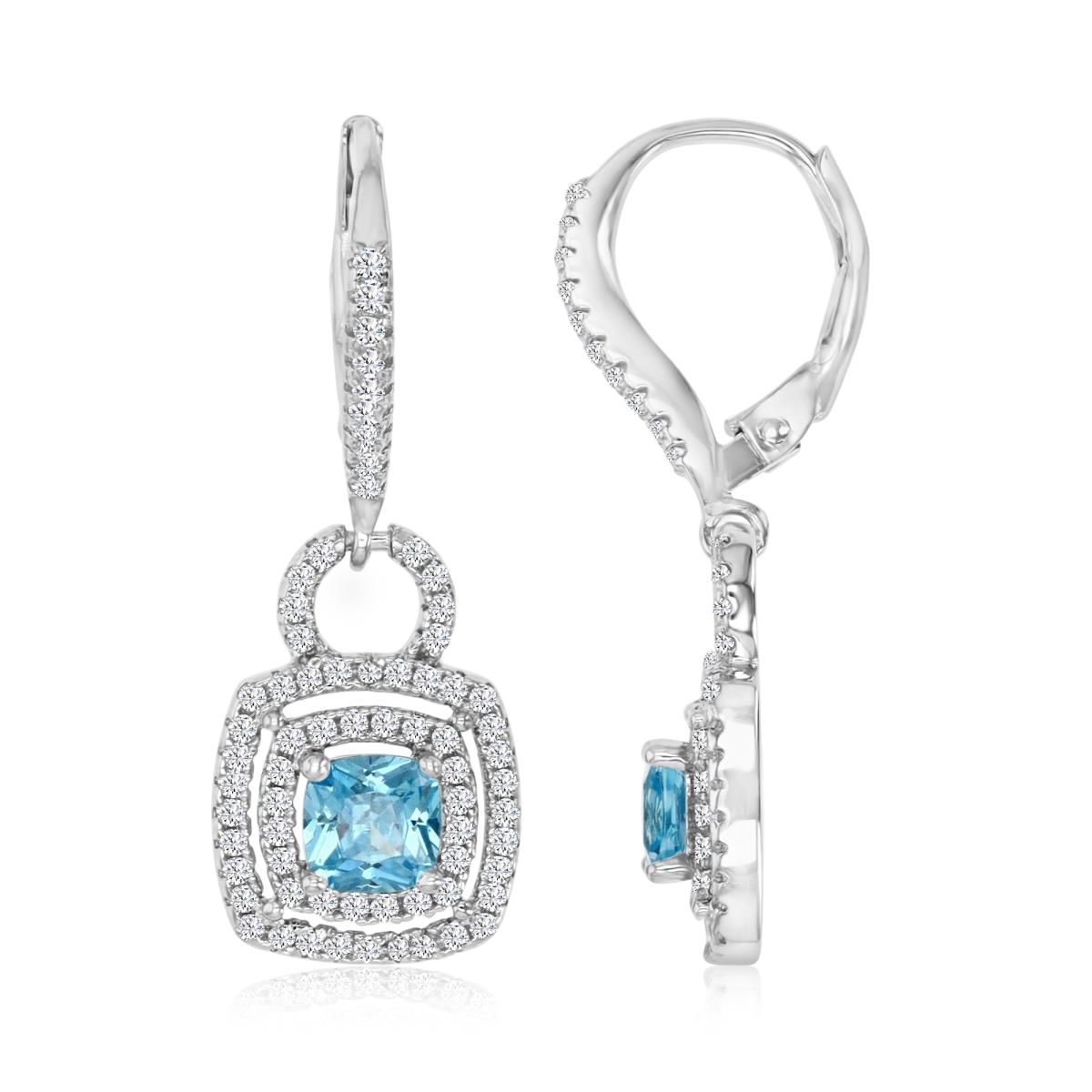 Sterling Silver Rhodium 30X11MM Polished Cushion Ct Light Blue & White CZ Pave Dangling Earrings