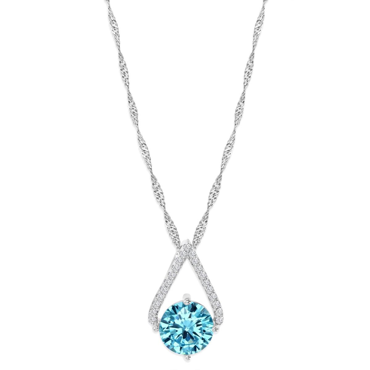 Sterling Silver Rhodium 8mm Light Blue Rd Cut & Micropave White CZ Open Triangle Singapore Necklace 