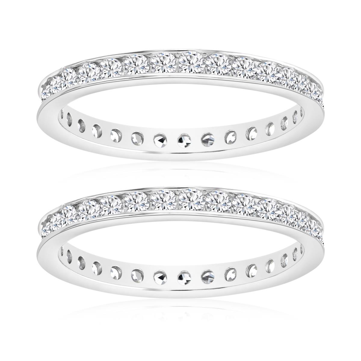 Sterling Silver Rhodium 3MM Polished White CZ Round Chanel Ring Set