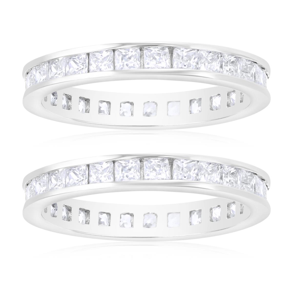 Sterling Silver Rhodium 3MM Polished White CZ Princess Cut Channel Set Eternity Ring Set