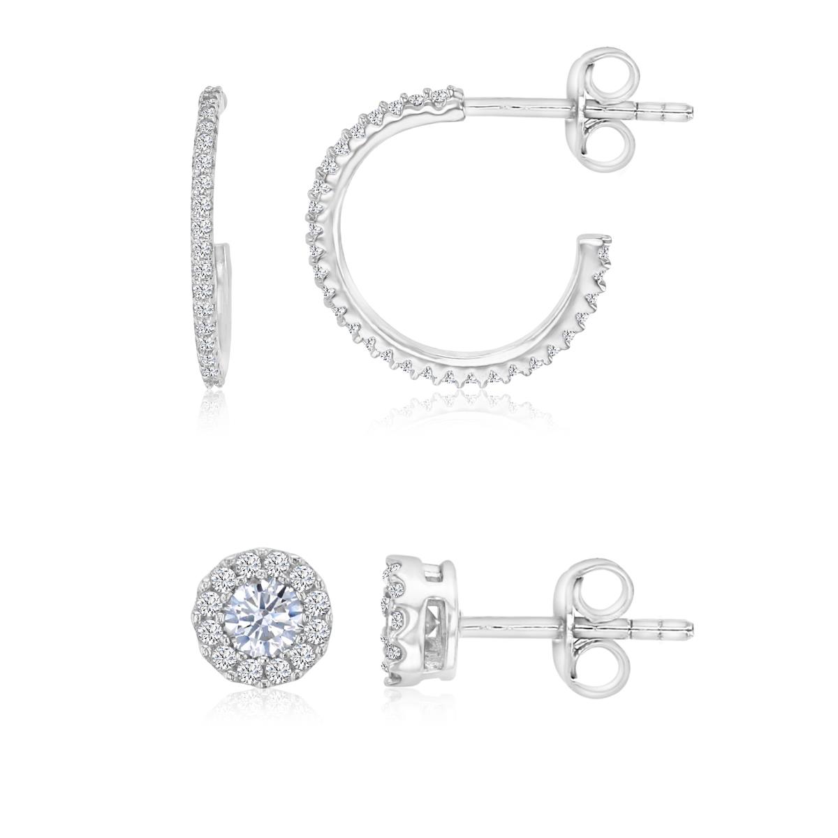 Sterling Silver Rhodium Polished White CZ 7.00MM Halo Studs & 16X1.3 Half Hoop Earring Set