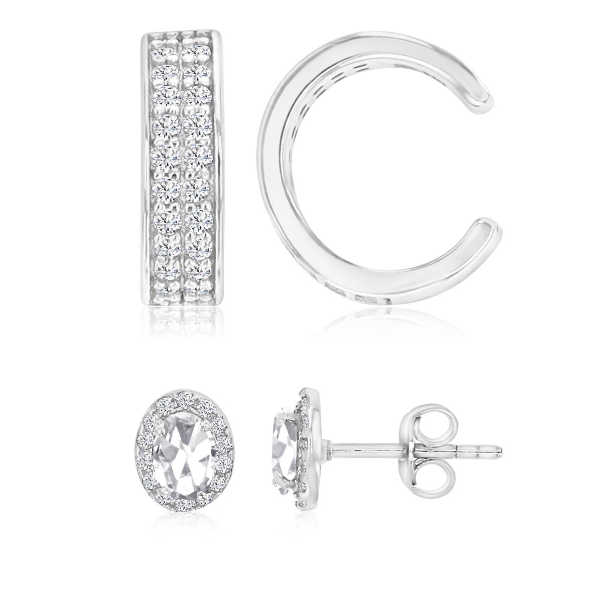 Sterling Silver Rhodium Polished White CZ 3X10MM Ear Cuff & 6.8X8.6MM Pave Stud Earring Set