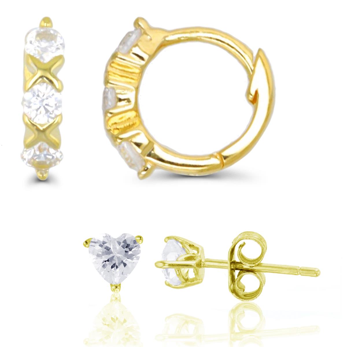 Sterling Silver Yellow Polished White CZ 10X3.5MM Huggie & 4X4MM Heart Stud Earring Set