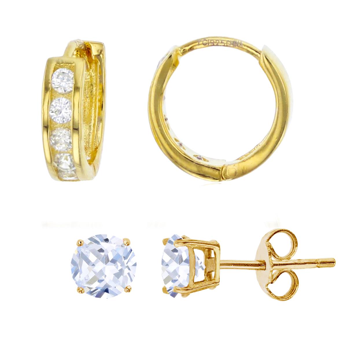 Sterling Silver Yellow 9.5X2.8MM White CZ Channel Huggie & 3MM Solitaire Earring Set