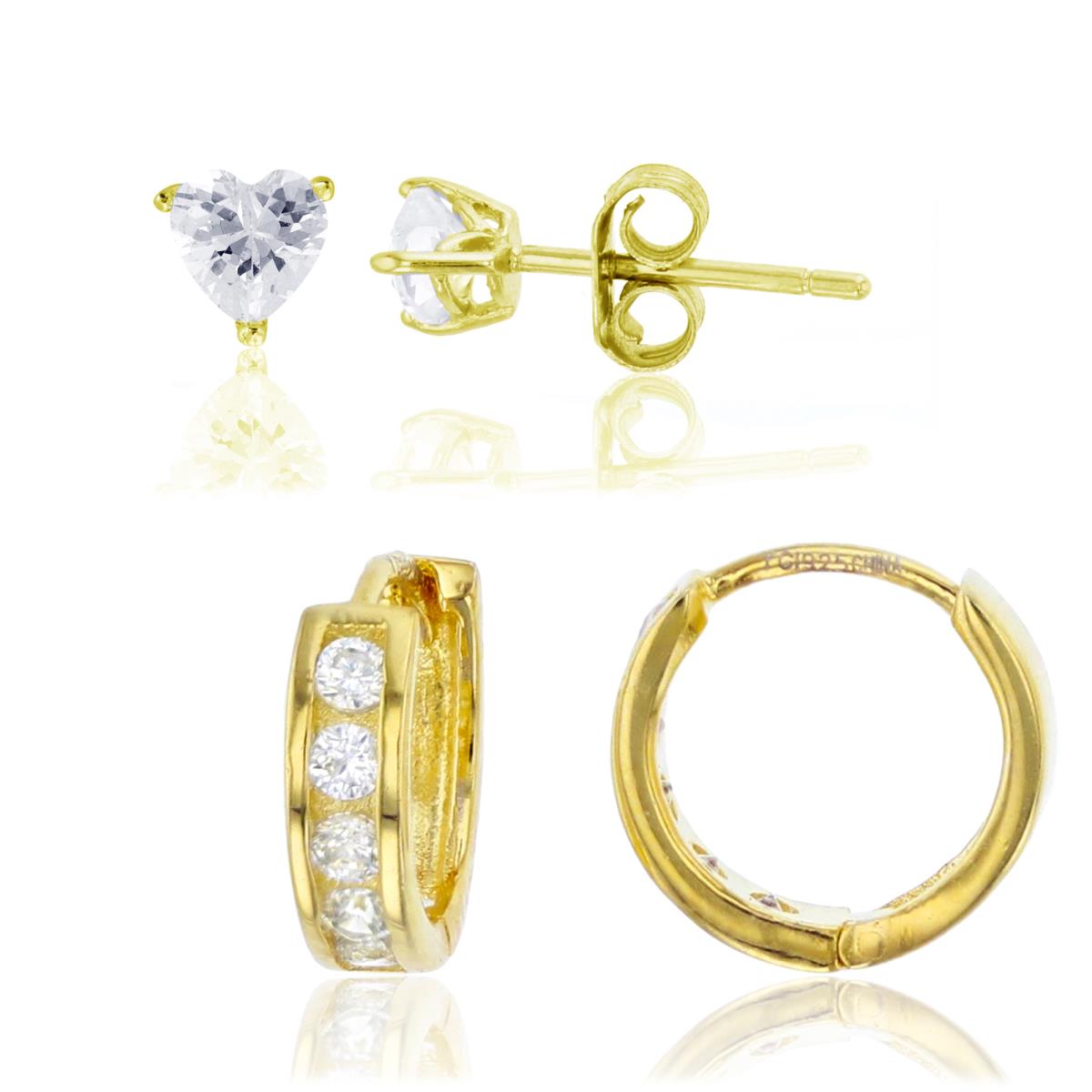 Sterling Silver Yellow 9.5X2.8MM White CZ Channel Huggie & 4X4MM Solitaire Heart Earring Set
